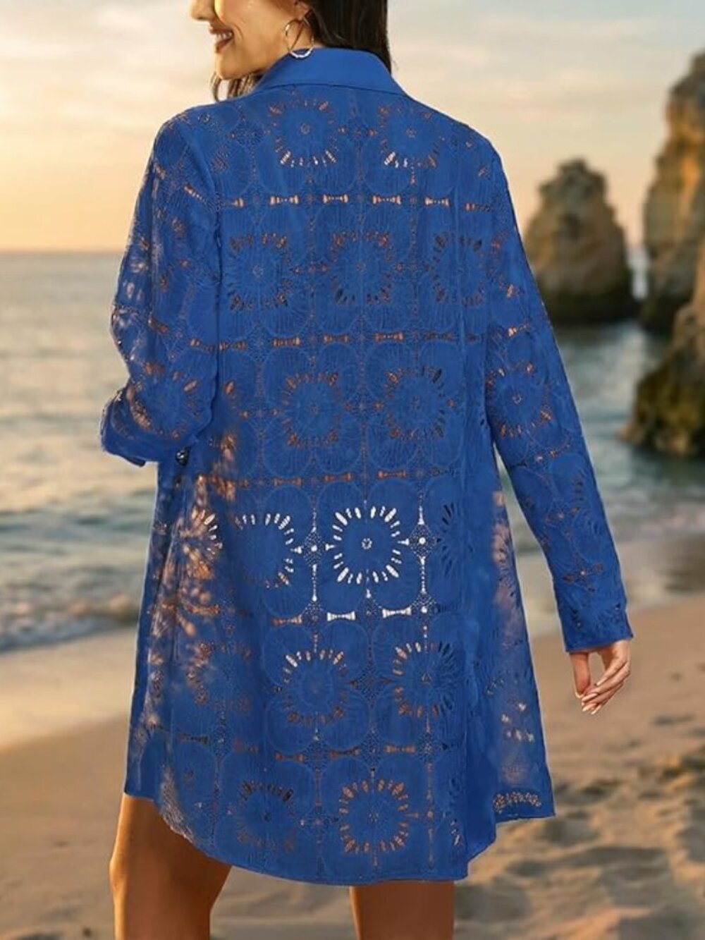 Women's Royal Blue Blouse Eyelet Bathing Suit Button Down Swimsuit Cover Up - Picture 5 of 5